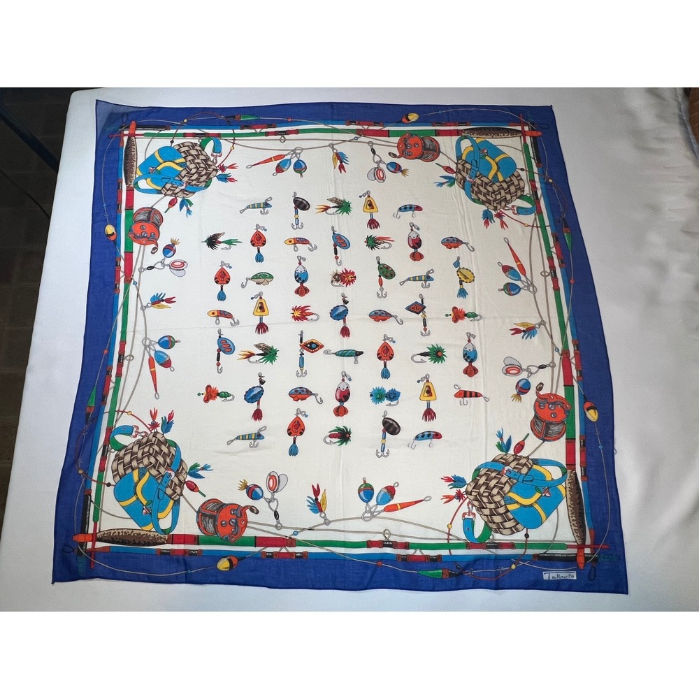 Vintage Talbots Fishing Lure Print Cotton Scarf Blue White Novelty Made in Japan